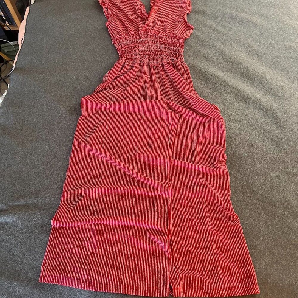 Women's Max Studio Red Jumpsuit Deep V-Neckline Smocked Waist, Size L